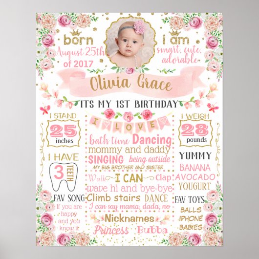 Floral Flowers First Birthday-teken met foto Poster (Voorkant)