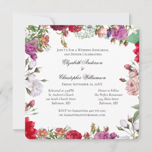 Floral Flowers Formal Wedding Rehearsal Kaart (Voorkant)