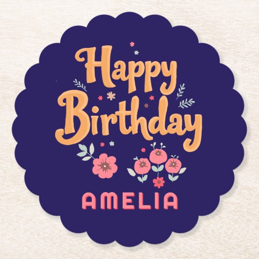 Floral Flowers Happy Birthday Handlettering Kartonnen Onderzetters (Voorkant)