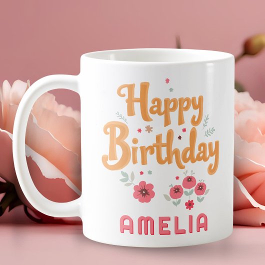 Floral Flowers Happy Birthday Handlettering Koffiemok