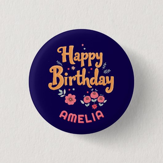 Floral Flowers Happy Birthday Handlettering Ronde Button 3,2 Cm (Voorkant)