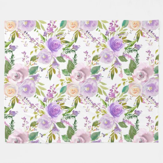 *~* Floral Flowers Pattern Print Lavender White Fleece Deken (Voorkant (Horizontaal))