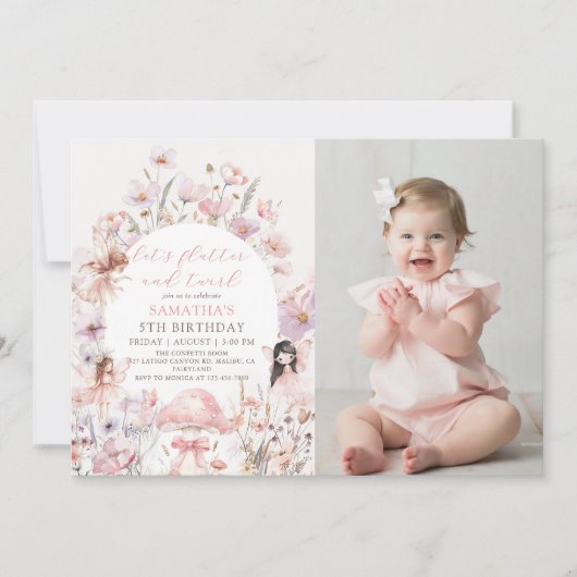 Floral Flutter and Twirl Fairy Birthday Photo Kaart (Voorkant)
