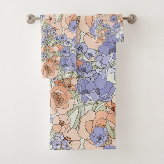 Floral Foliage Flowers Rozen Beige Cream Paars Bad Handdoek (Insitu)
