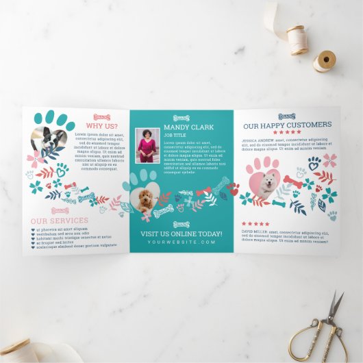 Floral & Foliage Pet Paw Print Pattern Business Drieluik Kaart (Binnen)