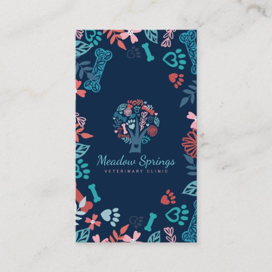 Floral & Foliage Pet Paw Print Pattern Navy Visitekaartje (Voorkant)