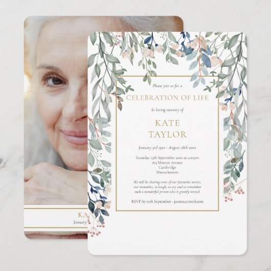 Floral Foliage Photo Funeral Celebration of Life Kaart (Voorkant / Achterkant)