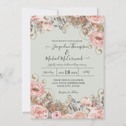  Floral Foliage Pink Gold Boho Wedding Kaart (Voorkant)