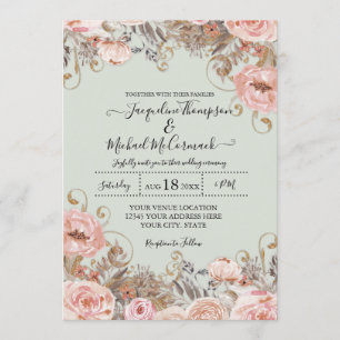  Floral Foliage Pink Gold Boho Wedding Kaart