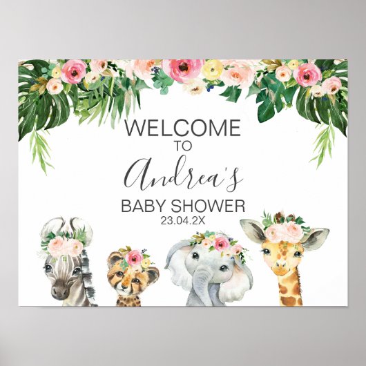 Floral Foliage Safari Animals Baby shower Welkom Poster (Voorkant)