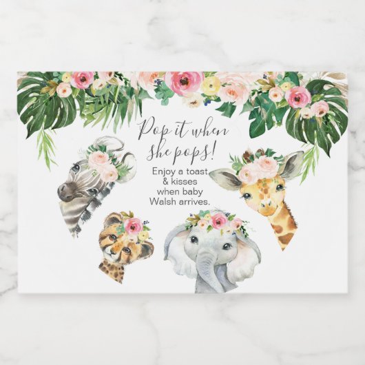 Floral Foliage Safari Baby shower Pop it Sparkling Wijnetiket (Enkel label)