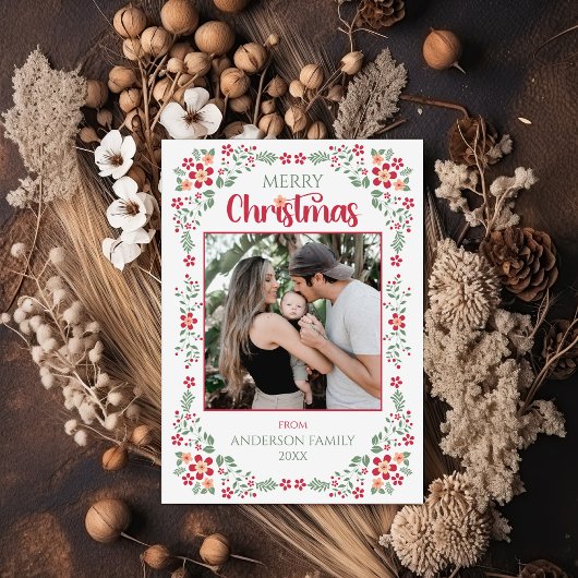 Floral Foliage Twee foto Vrolijk Kerstfeest Feestdagen Kaart