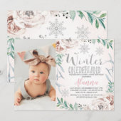 Floral Foliage Winter One-derland Ist Birthday  Kaart (Voorkant / Achterkant)