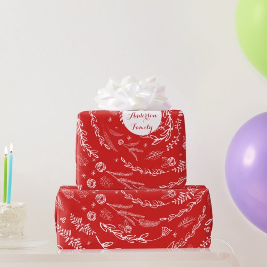 Floral Folk Art Antler Red-kerstpatroon Cadeaupapier (Feestgeschenken)