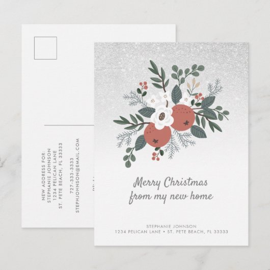 Floral Folk Art Glitter Holiday Moving Briefkaart (Voorkant / Achterkant)