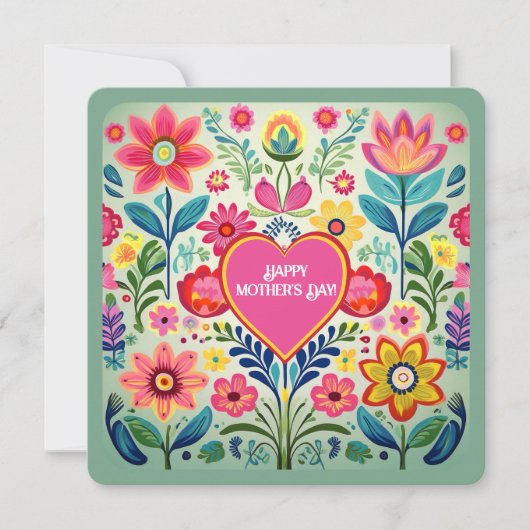 Floral Folk Art Heart Moederdag Kaart (Voorkant)