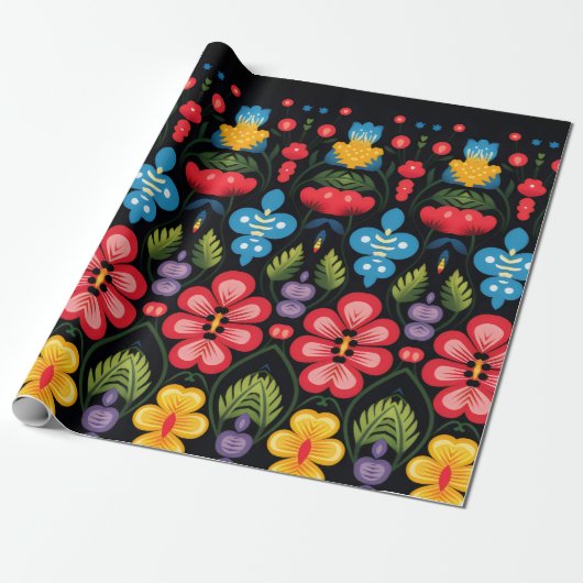 Floral Folk Art Modern Cadeaupapier (Uitgerold)