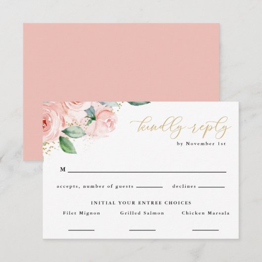 Floral Food Chole Reply Reply Pink & Gold Waterver RSVP Kaartje (Voorkant / Achterkant)