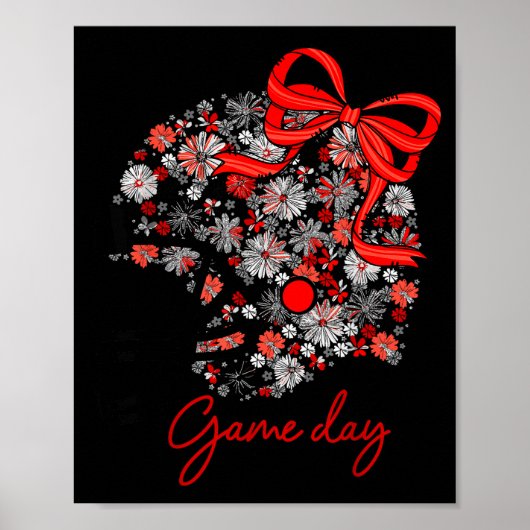 Floral Football Game Day Girly Team Srit Black Red Poster (Voorkant)