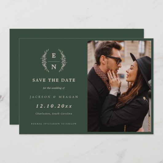 Floral Forest Green Stacked Initialen Monogram Save The Date (Voorkant / Achterkant)