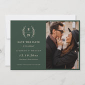 Floral Forest Green Stacked Initialen Monogram Save The Date (Voorkant)