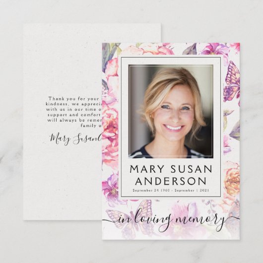 Floral Foto Funeral Memorial Dank je Kaart (Voorkant / Achterkant)