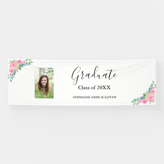 Floral Foto Gefeliciteerd met Graduation Party Spandoek (Horizontaal)