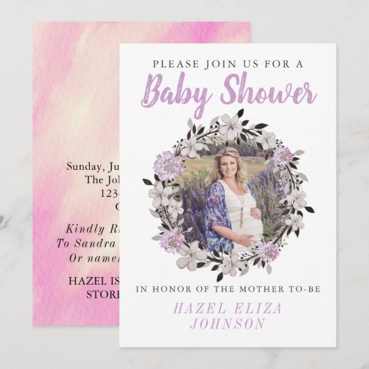 Floral Foto Moederschap Baby shower Kaart (Voorkant / Achterkant)