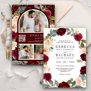Floral foto QR Code Weddenschap Burgundy Peach Kaart