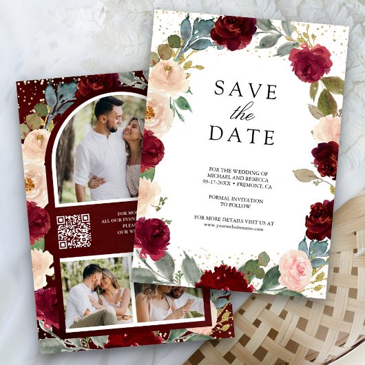 Floral foto QR Code Weddenschap Burgundy Peach Save The Date