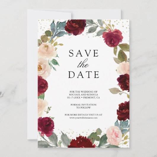 Floral foto QR Code Weddenschap Burgundy Peach Save The Date (Voorkant)