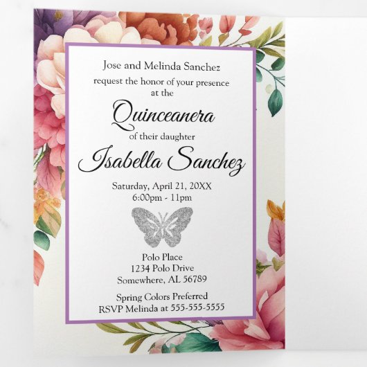Floral Foto Quinceanera Trifold Invitation Drieluik Programma (Binnenzijde eerst)