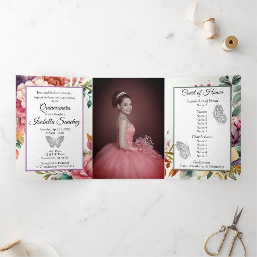 Floral Foto Quinceanera Trifold Invitation Drieluik Programma (Binnen)