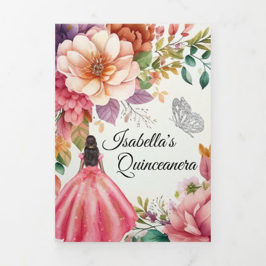 Floral Foto Quinceanera Trifold Invitation Drieluik Programma (Cover)