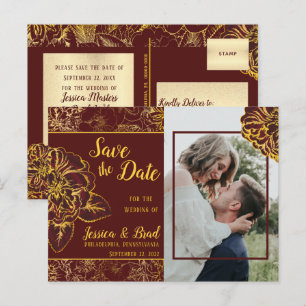 Floral Foto van Burgundy Gold Save the Date Aankondigingskaart
