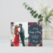 Floral foto van de Burgundy Navy Postponed Wedding Aankondigingskaart (Staand voorkant)