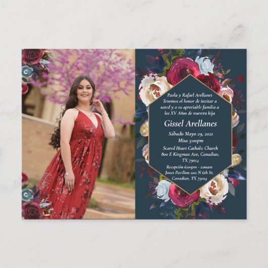 Floral foto van de moderne Bourgogne Aankondigingskaart (Voorkant)