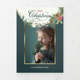 Floral foto van Elegant Merry-kerstkalligrafie Drieluik Kaart