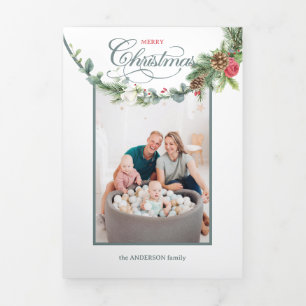 Floral foto van Elegant Merry-kerstkalligrafie Drieluik Kaart