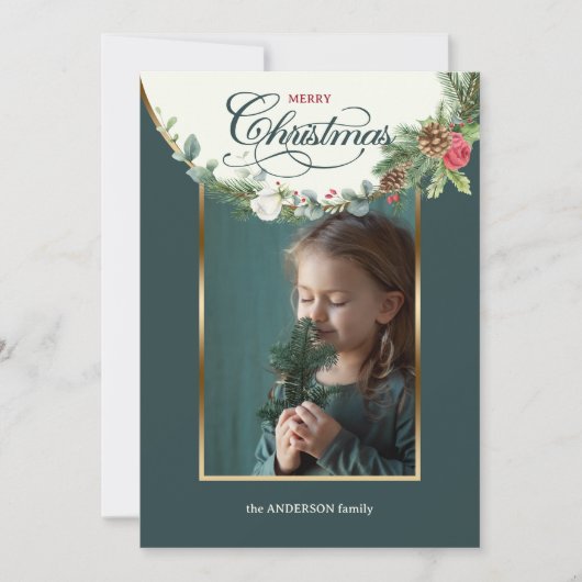 Floral foto van Elegant Merry-kerstkalligrafie Feestdagenkaart (Voorkant)