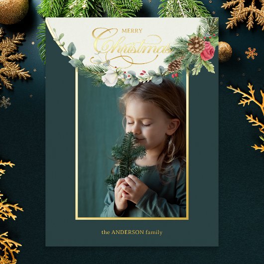 Floral foto van Elegant Merry-kerstkalligrafie Folie Feestdagenkaart