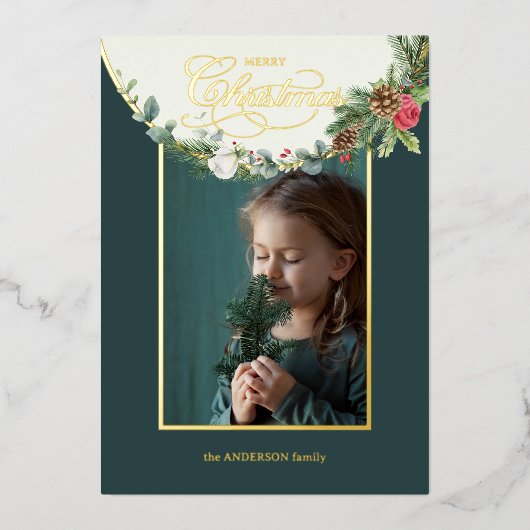 Floral foto van Elegant Merry-kerstkalligrafie Folie Feestdagenkaart (Voorkant)