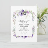 Floral foto van Waterverf Dusty Violet Wedding Kaart (Staand voorkant)