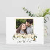 Floral foto witte gouden lampions sparen de datum kaart (Staand voorkant)