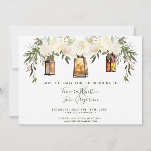 Floral foto witte gouden lampions sparen de datum kaart (Achterkant)