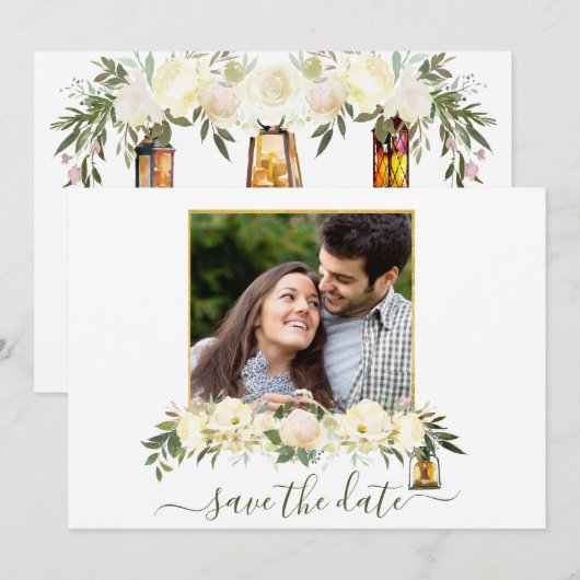 Floral foto witte gouden lampions sparen de datum kaart (Voorkant / Achterkant)
