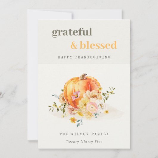 Floral foto's Waterverf Thanksgiving pompoen Feestdagenkaart (Voorkant)