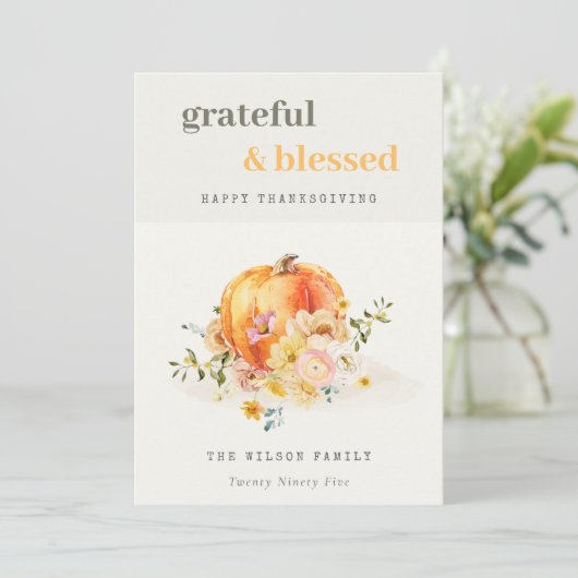 Floral foto's Waterverf Thanksgiving pompoen Feestdagenkaart (Staand voorkant)