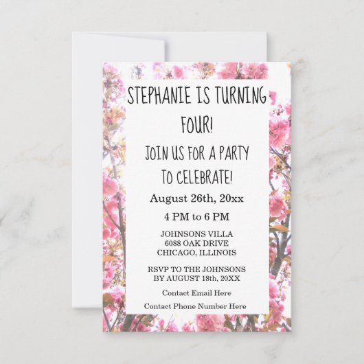 Floral Fourth Birthday Party Pink Cherry Blossom Kaart (Voorkant)