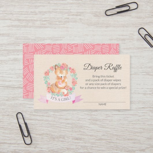 Floral Fox Baby shower Diaper Raffle Ticket (Voorkant / Achterkant in situ)